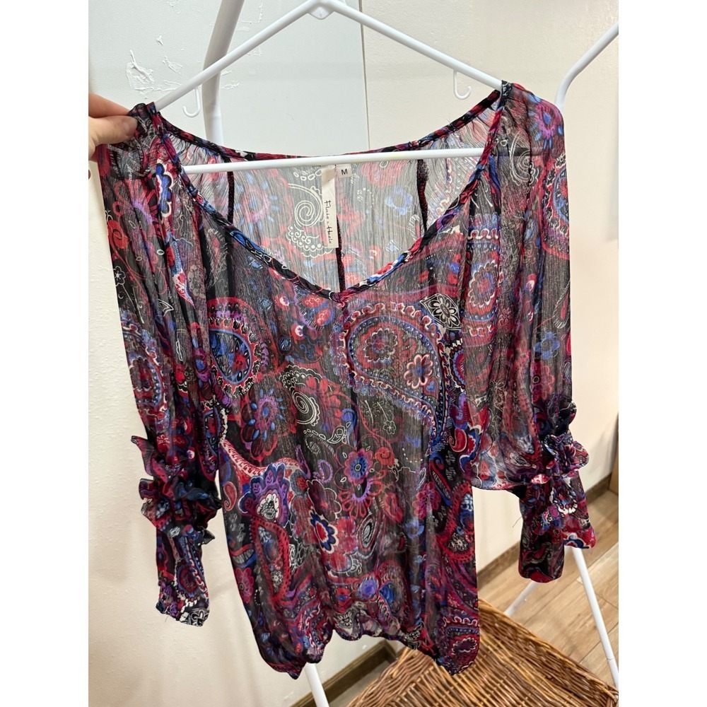 Boho‎ Maximalist Bohemian Sheer Ruched  Sleeve Paisley Shirt Size Medium